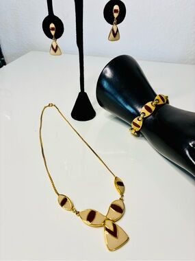 Thailand- Gold Tone Necklace, Bracelet & Earring Set with Brown and Cream Enamel